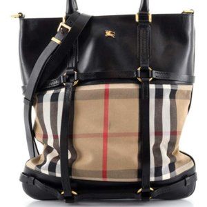 Burberry Bridle House Check Canvas Black Leather Large Crossbody & Shoulder Tote